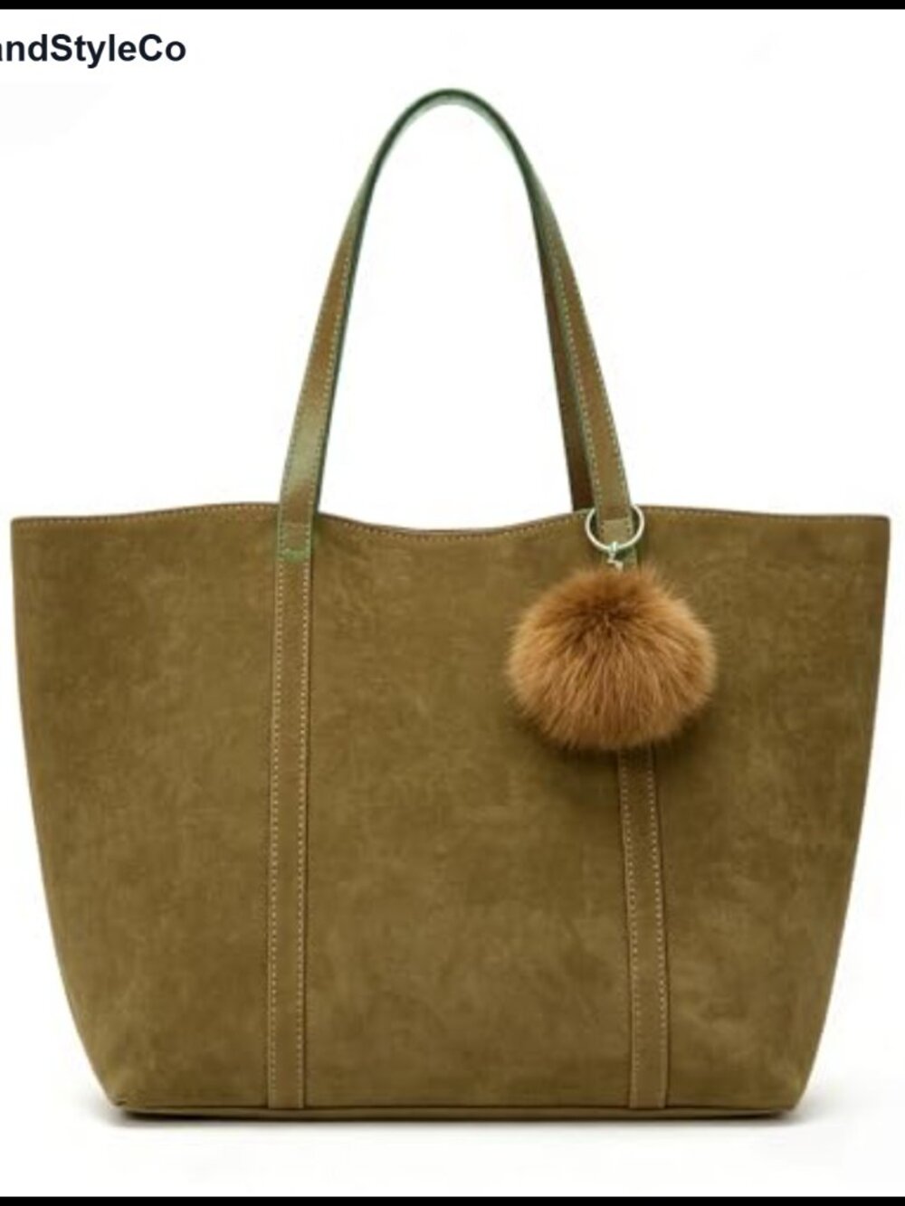 Suede Tote Bag with Faux Fur Pom Pom, Large Casual Shopper Handbag, Long Handle
